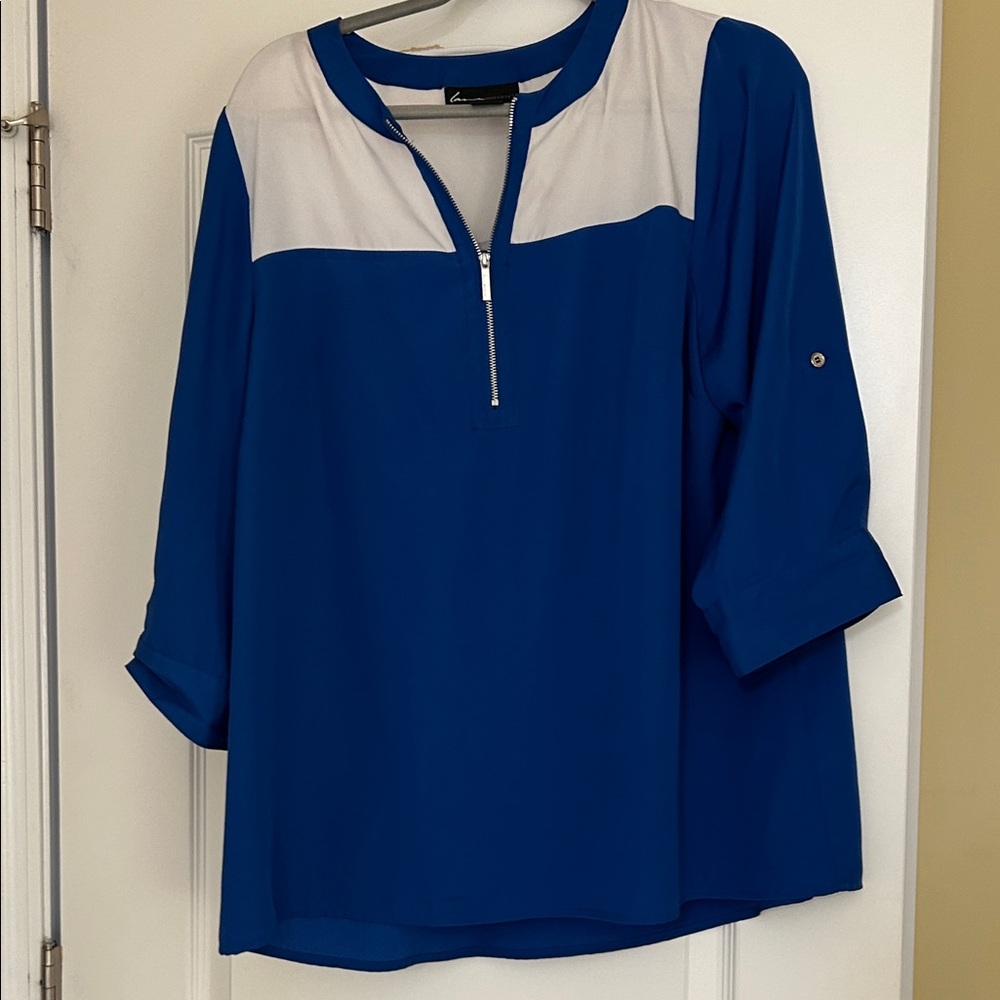 Lane Bryant Royal Blue and White Zip-Neck Blouse